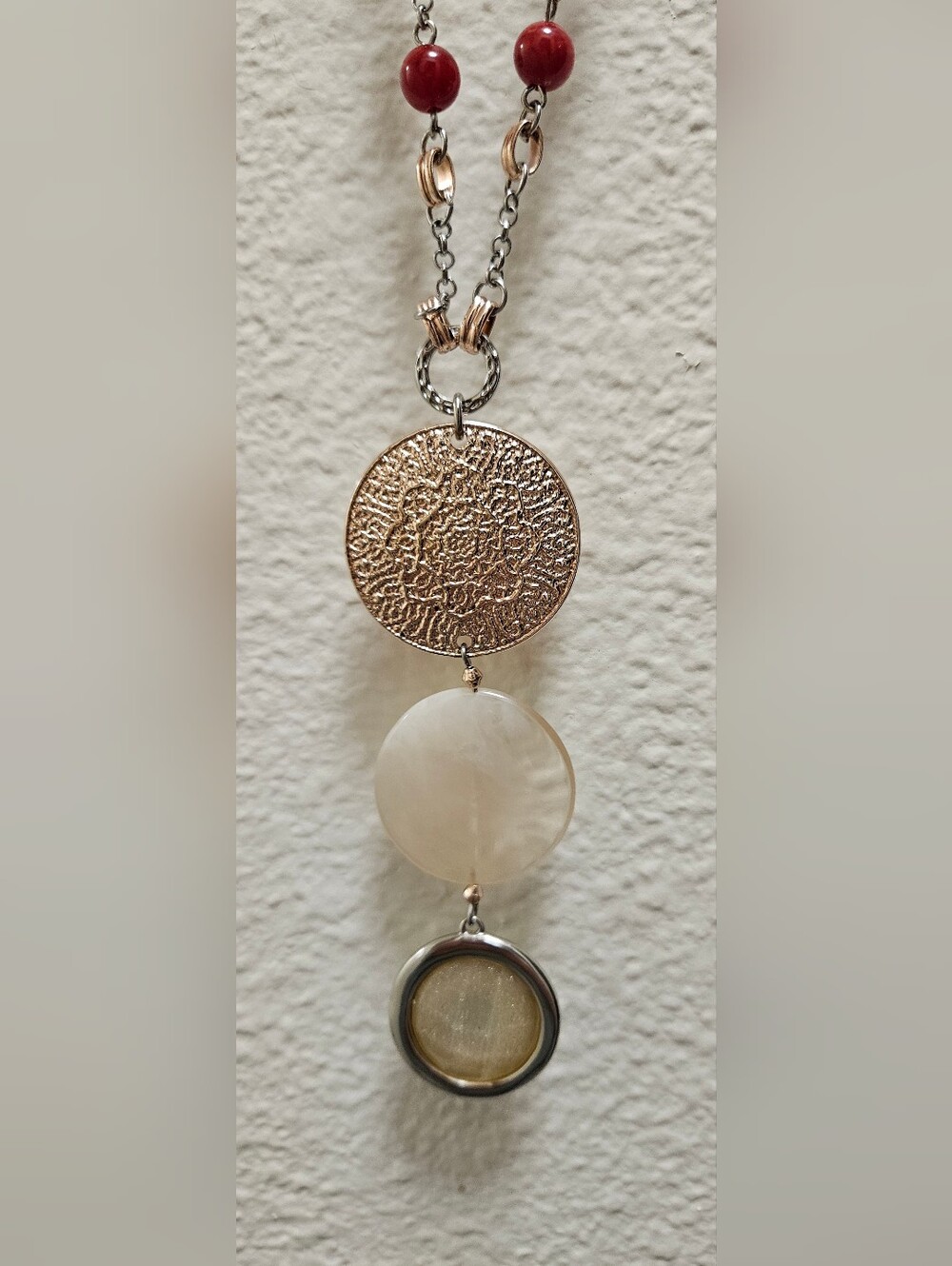 CHICO'S MEDALLION SILVER-TONE ROSE GOLD GLASS BEADS  BOHEMIAN LONG NECKLACE - Picture 13 of 16